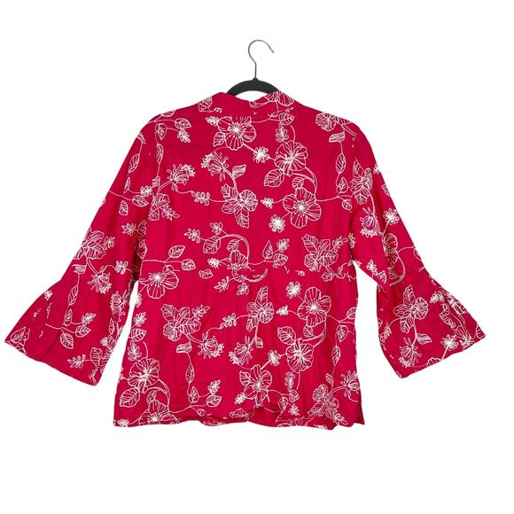 JH Collection XL Pink White Embroidered Floral Button Up Woman's Bell Slv Blouse - Picture 2 of 9